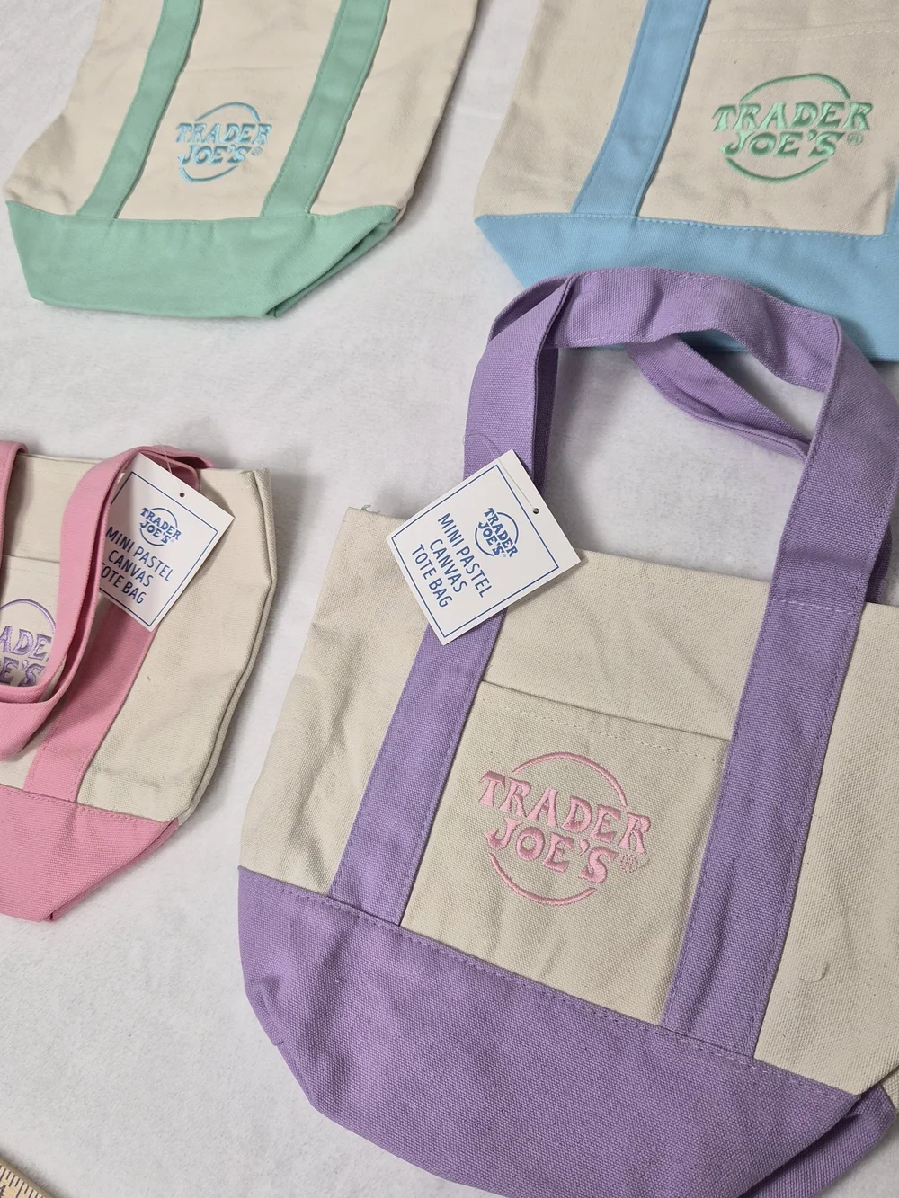 NWT Trader Joe's Mini Pastel Canvas Tote Bag Set of 4 Limited Spring Edition Top